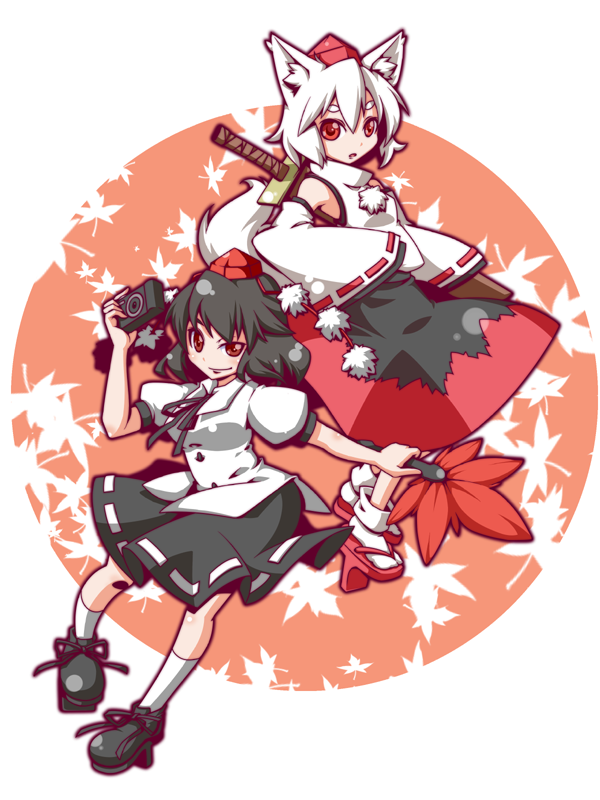 ekus (xo ekus), shuushokuna ekus, inubashiri momiji, shameimaru aya, touhou, 2girls, animal ears, black wings, camera, detached sleeves, female focus, geta, hat, multiple girls, red eyes, short hair, sword, tail, tengu-geta, tokin hat, weapon, white hair, wings, wolf ears, wolf tail