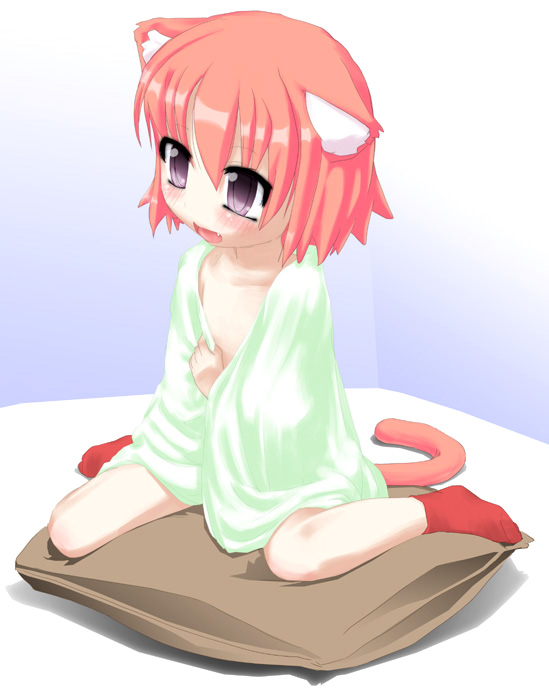 yam (nekobeya), copyright request, 1girl, animal ears, blush, empty eyes, fang, female focus, kneeling, loli, naked towel, nude, pink hair, purple eyes, short hair, socks, solo, tail, towel