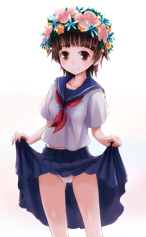 lallil, uiharu kazari, toaru kagaku no railgun, toaru majutsu no index, 00s, 1girl, brown eyes, brown hair, clothes lift, female focus, flower, hair flower, hair ornament, head wreath, lifting own clothes, panties, school uniform, serafuku, short hair, skirt, skirt lift, smile, solo, underwear, white panties