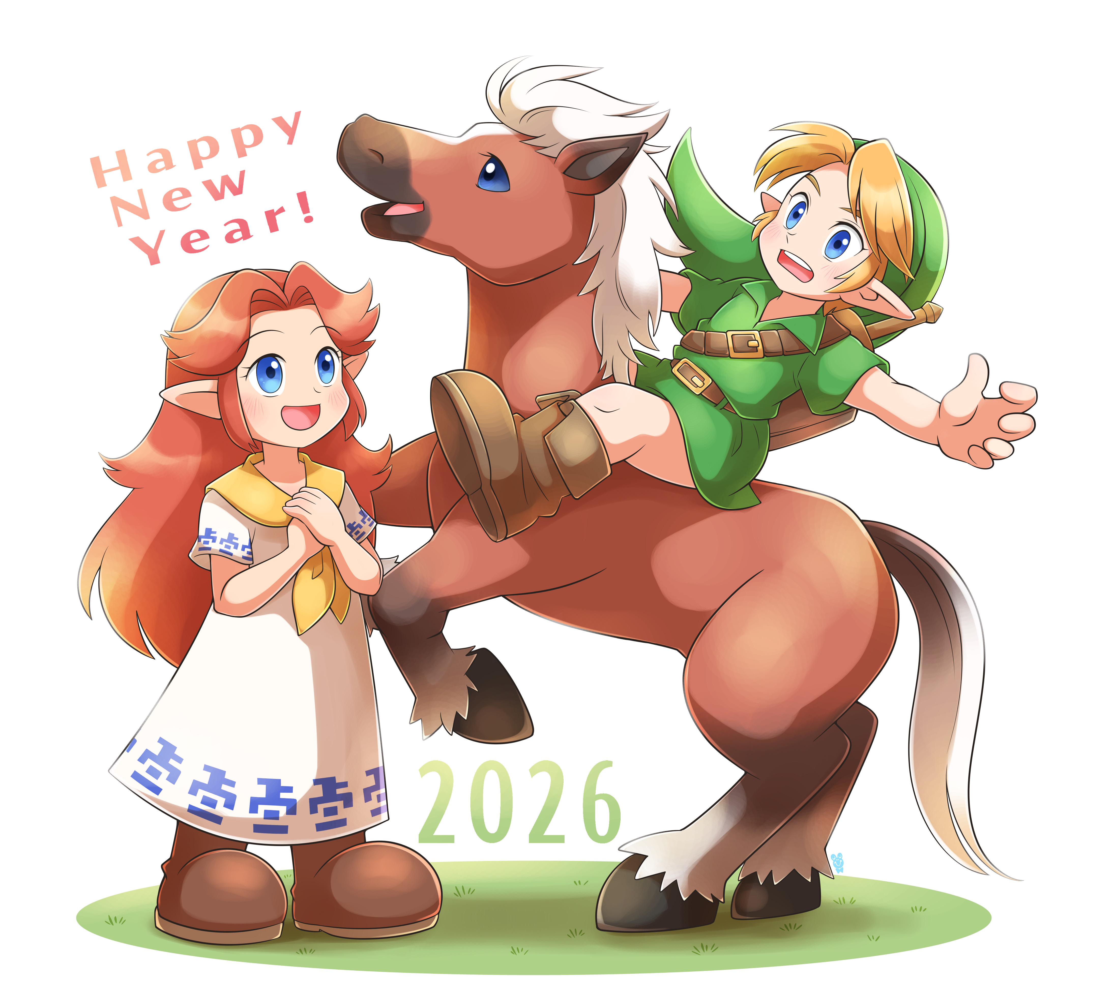 aogaeru (pixiv46613656), epona, link, malon, nintendo, the legend of zelda, the legend of zelda: ocarina of time, absurdres, highres, 1boy, 1girl, 2026, belt, blonde hair, blue eyes, boots, brooch, chinese zodiac, dress, english text, full body, grass, hat, horse, horseback riding, jewelry, long hair, neckerchief, pointy ears, red hair, riding, smile, tunic, white background, year of the horse