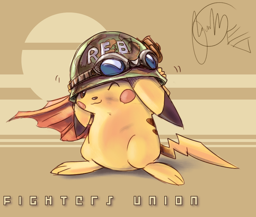 edtropolis, pikachu, nintendo, pokemon, gen 1 pokemon, goggles, helmet, military, one eye closed, pokemon (creature), smile, wink