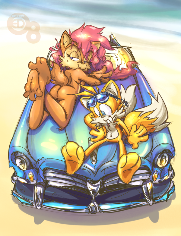 edtropolis, sally acorn, tails (sonic), sonic (series), animal ears, animal hands, ass, barefoot, car, feet, furry, looking back, motor vehicle, nude, outdoors, smile, soles, spread toes, sunglasses, tail, toes, zenra