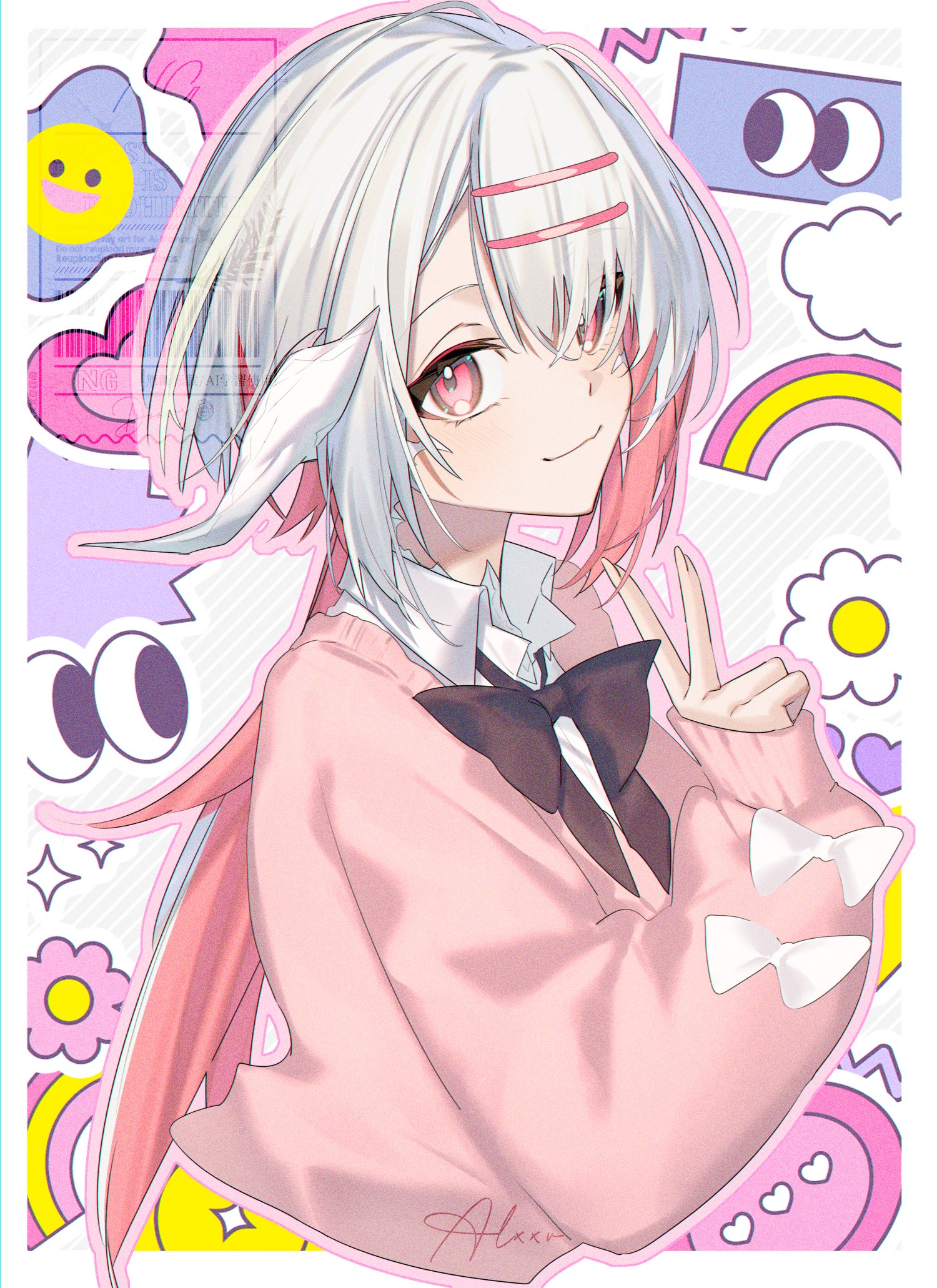 motsuni (lxxe1120), warrior of light (ff14), final fantasy, final fantasy xiv, commentary request, highres, 1girl, au ra, black bow, bow, bowtie, closed mouth, collared shirt, colored inner hair, dragon girl, dragon horns, dragon tail, hair ornament, hairclip, horns, long hair, looking at viewer, multicolored hair, parallel hairclips, pink hair, pink sweater, red eyes, scales, shirt, signature, solo, sticker, sweater, tail, v, white bow, white hair, white shirt