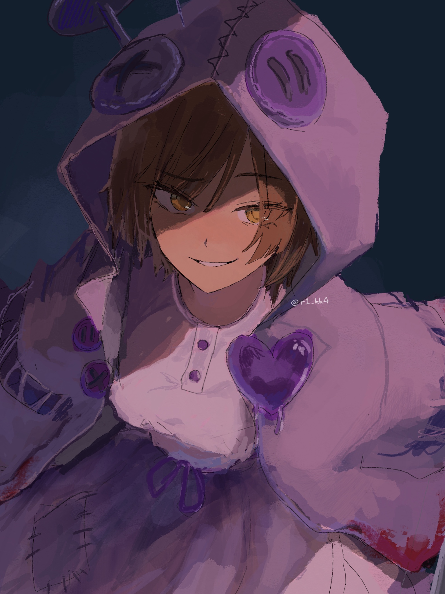 rikka (r1 kk4), outis (project moon), limbus company, project moon, commentary request, highres, 1girl, blood, blood on clothes, blue background, breasts, brown hair, coat, cowboy shot, dark-skinned female, dark skin, dress, e.g.o (project moon), grin, heart, hood, hood up, hooded coat, i'll go fer scissors. how 'bout you? (e.g.o), large buttons, looking at viewer, medium breasts, open clothes, open coat, patchwork clothes, pin, purple coat, purple dress, purple hood, short hair, smile, solo, twitter username, yellow eyes