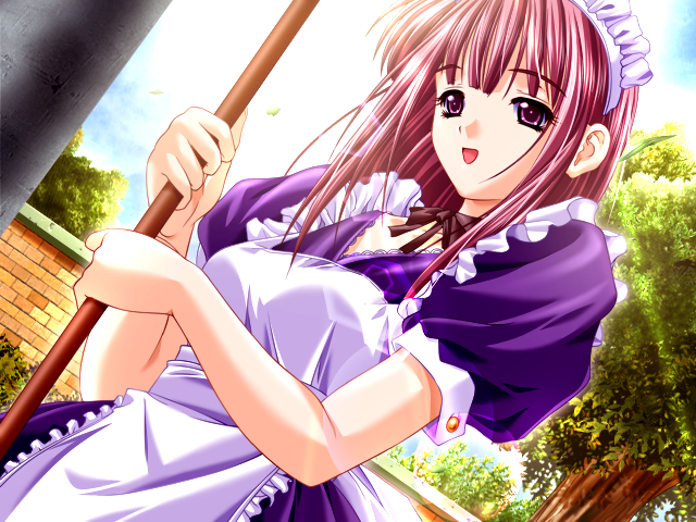 m&m (mickey and mackey), yuasa nanami, ningyou no yakata, game cg, 1girl, :d, apron, breasts, broom, choker, dutch angle, holding, holding broom, maid apron, maid headdress, medium breasts, medium hair, open mouth, red eyes, red hair, smile, solo