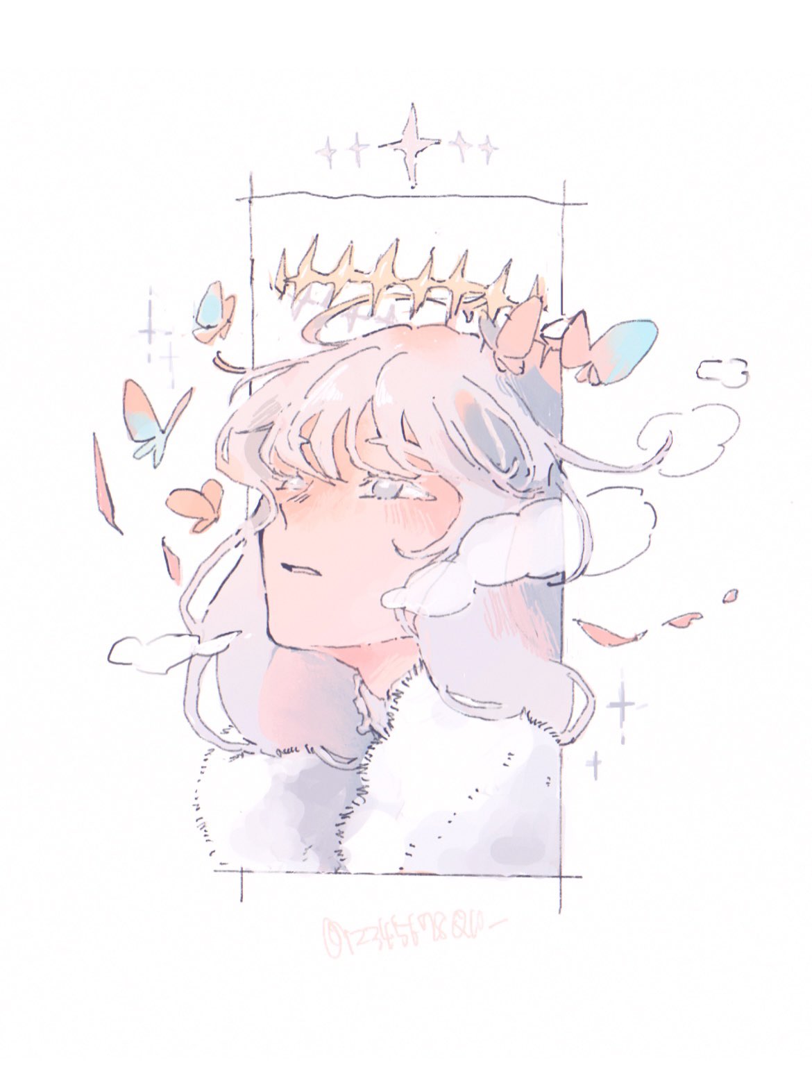 u~o sushi (12345678q10 ), oberon (fate), oberon (second ascension) (fate), fate/grand order, fate (series), highres, 1boy, blue eyes, bug, butterfly, fur trim, grey hair, hair between eyes, insect, short hair, simple background, solo, white background