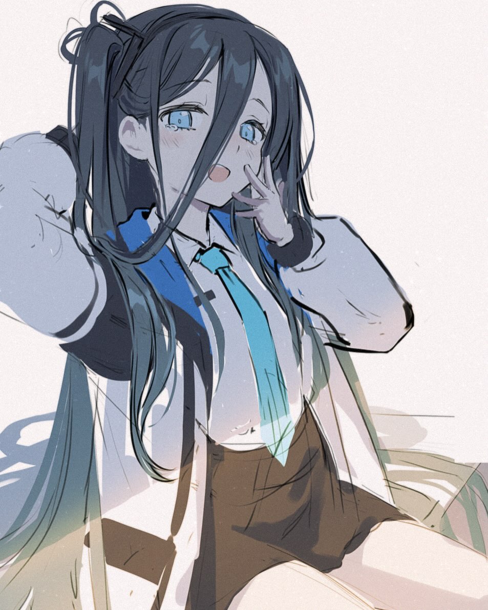 ika (4801055), aris (blue archive), blue archive, commentary, english commentary, unfinished, 1girl, black shorts, blue eyes, blue necktie, grey hair, hair between eyes, hand in own hair, jacket, long hair, long sleeves, looking at viewer, necktie, open mouth, shorts, sitting, tears, teeth, thighs, very long hair, white background, white jacket