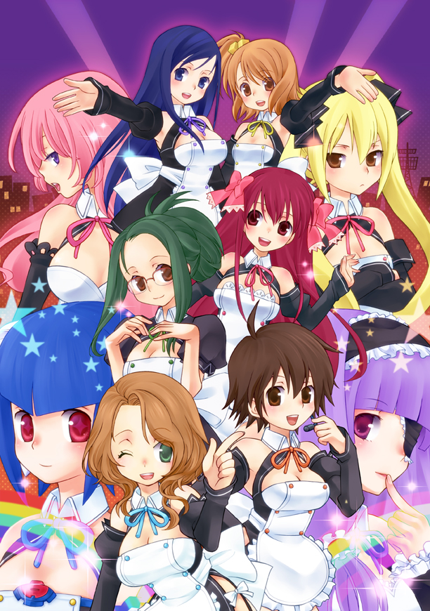 chitose kiiro, airi (dream c club), amane (dream c club), futaba riho, mari (dream c club), mian (dream c club), mio (dream c club), nao (dream c club), reika (dream c club), rui (dream c club), setsu (dream c club), dream c club, dream c club (series), bad id, bad pixiv id, 6+girls, blonde hair, blue hair, blush, breasts, brown hair, cleavage, eyepatch, green hair, happy, large breasts, long hair, multiple girls, one eye closed, pink hair, purple hair, short hair, wink