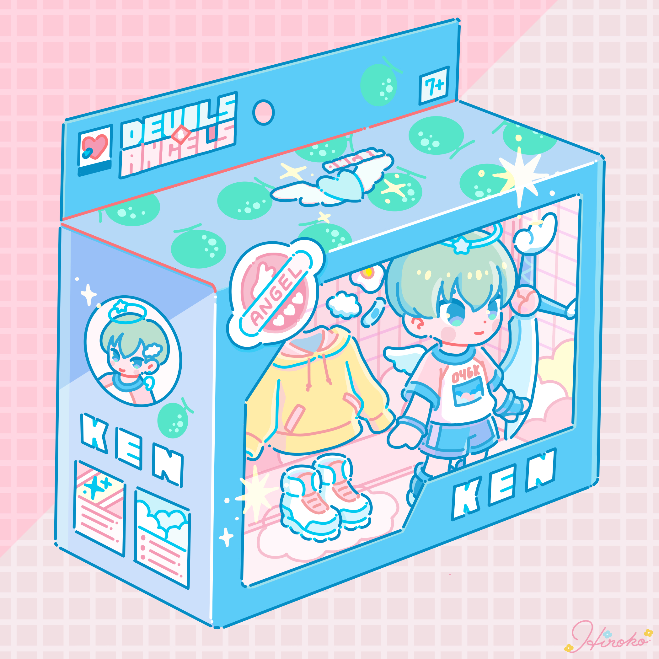 hiro046k, original, commentary, english commentary, highres, 1boy, action figure, angel wings, artist name, blue shorts, box, cloud hair ornament, english text, full body, gloves, green eyes, green hair, grid background, halo, in box, in container, male focus, pink background, shirt, shoes, short hair, short sleeves, shorts, simple background, single glove, smile, solo, sword, weapon, white shirt, white shoes, wings