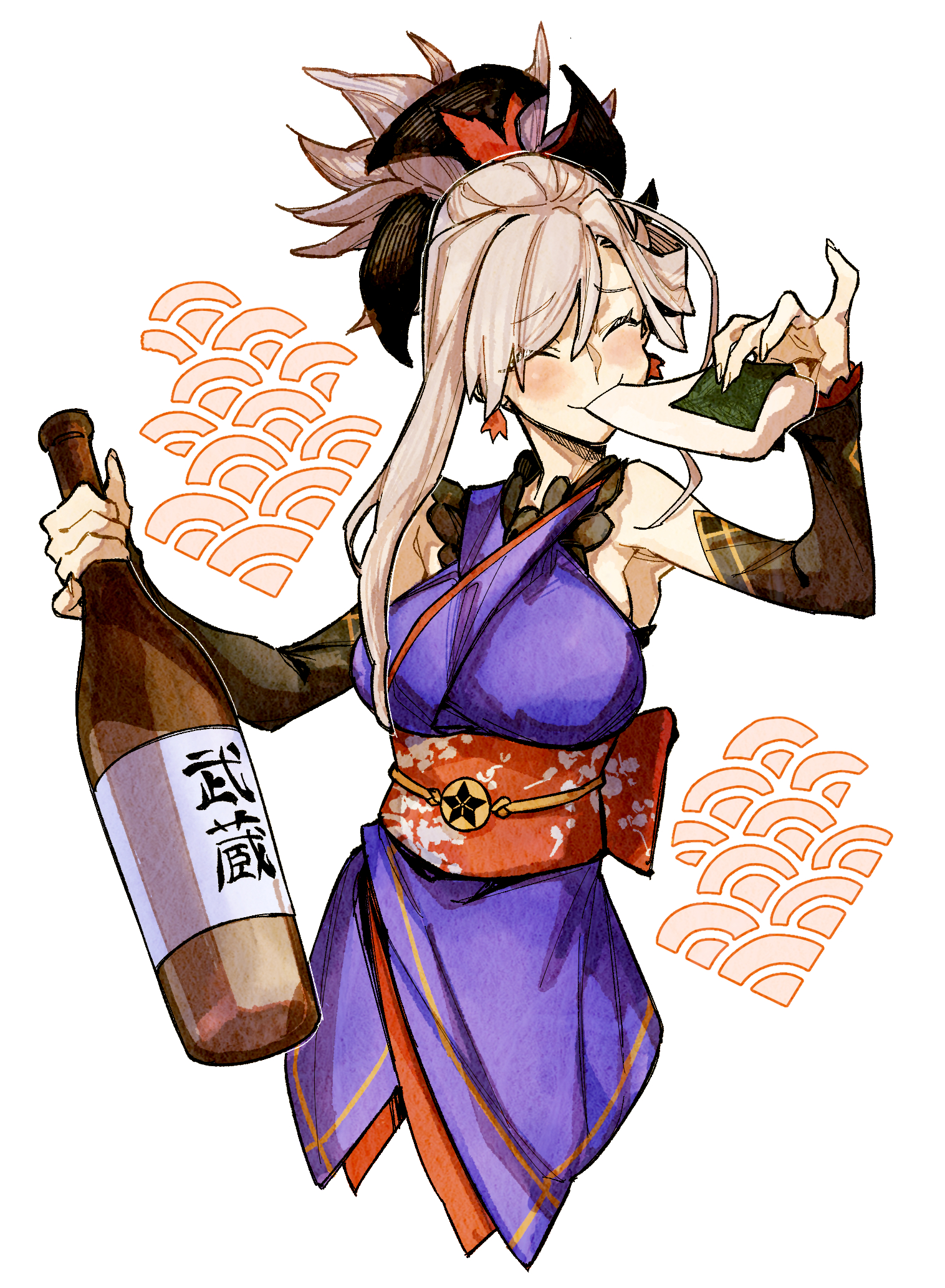 miyamoto musashi (fate), fate/grand order, fate (series), commentary request, highres, bottle, breasts, closed eyes, cropped legs, earrings, eating, food, holding, holding bottle, japanese clothes, jewelry, kimono, large breasts, leaf earrings, long hair, mochi, pink hair, sa10 e, sake bottle, sleeveless, sleeveless kimono