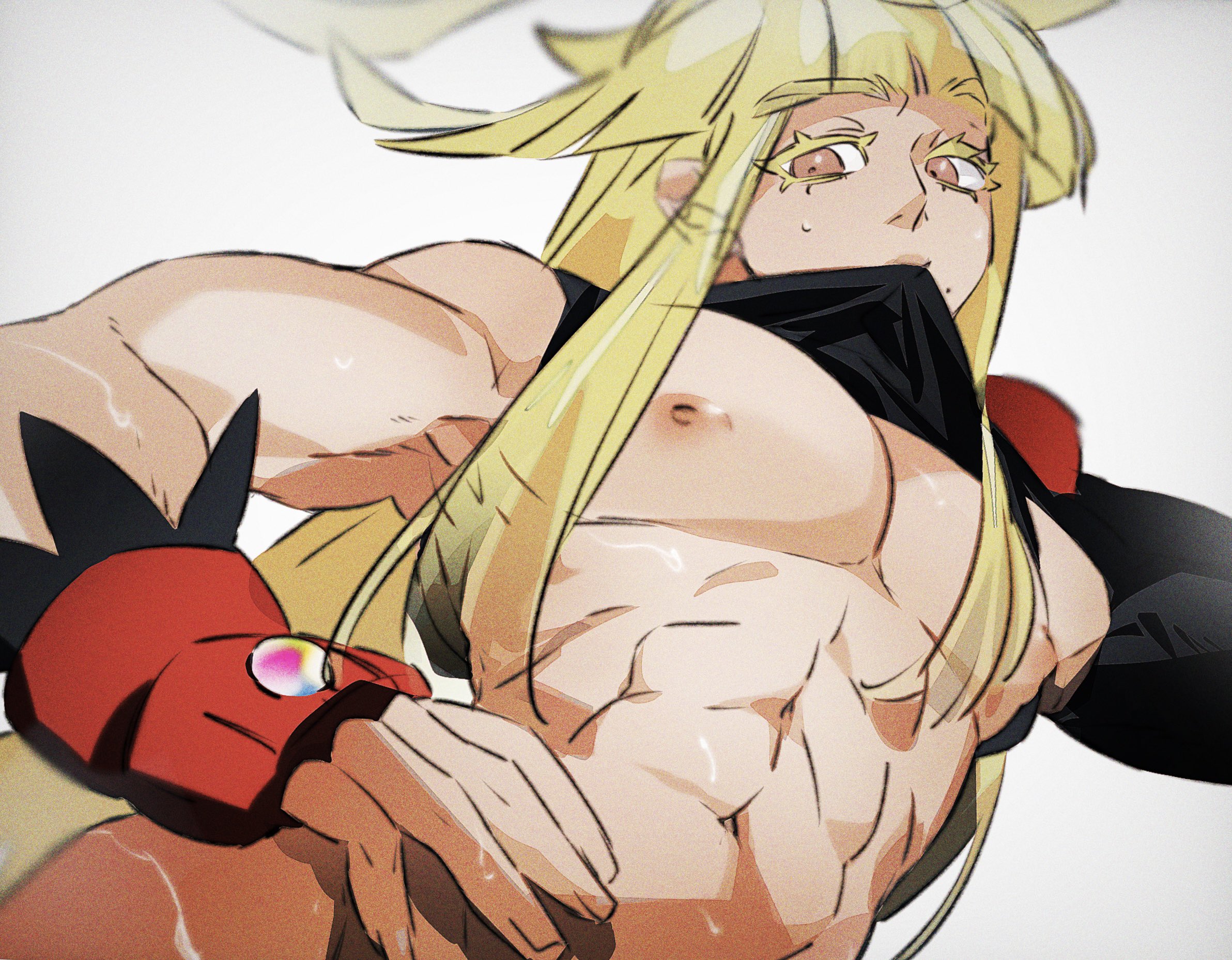 kinikura401, ivor (pokemon), nintendo, pokemon, pokemon legends: z-a, commentary, highres, symbol-only commentary, abs, bare pectorals, blonde hair, blunt bangs, brown eyes, clothes in mouth, clothes lift, colored eyelashes, fingerless gloves, from below, gloves, hand on own hip, implied nudity, lifting own clothes, long hair, looking at viewer, male focus, mega stone, mole, mole under mouth, mouth hold, muscular, muscular male, navel, nipples, pectorals, red gloves, shirt in mouth, shirt lift, sidelocks, single sleeve, solo, stomach, sweat, white background