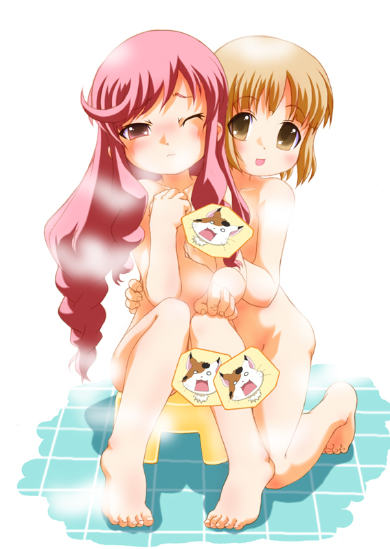 tsak ftb, kujiin mika, nakamachi kana, kanamemo, 00s, 2girls, barefoot, bath stool, bathtub, blush, brown eyes, brown hair, cat, censored, censored nipples, feet, kneeling, loli, long hair, multiple girls, novelty censor, nude, pink hair, short hair, sitting, stool, wince, yuri