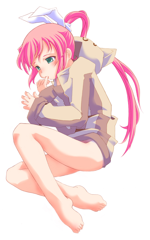 hana, tsak ftb, hana (pangya), pangya, 1girl, barefoot, blush, bottomless, feet, female focus, fetal position, finger in own mouth, green hair, hair ribbon, hood, long hair, lying, pink hair, plantar flexion, ponytail, ribbon, solo