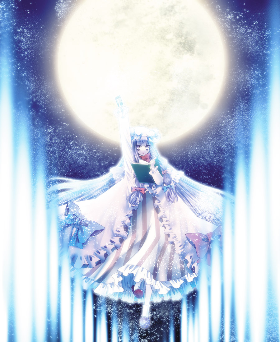 kokono coco, patchouli knowledge, touhou, 1girl, book, bow, card, crescent, danmaku, dress, female focus, floating, full moon, hair bow, hair ribbon, hat, holding, holding card, long hair, long sleeves, moon, moonlight, open mouth, outstretched arm, purple eyes, purple hair, ribbon, slippers, socks, solo, very long hair, yellow eyes