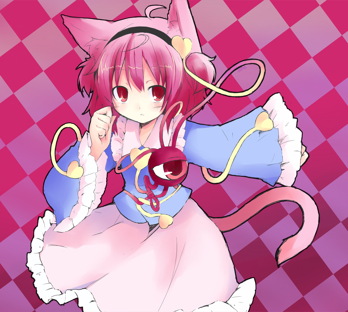 shichinose, komeiji satori, touhou, 1girl, ahoge, animal ears, cat ears, cat girl, cat tail, female focus, frills, heart, kemonomimi mode, pink hair, red eyes, solo, tail