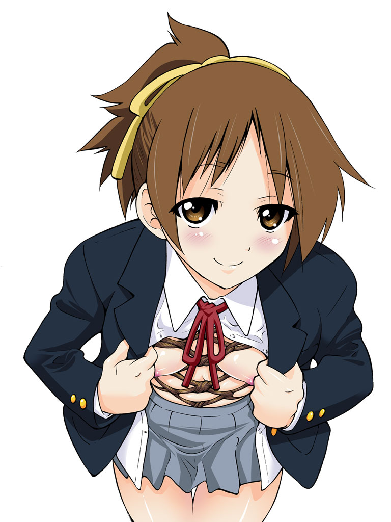 inoue yoshihisa, hirasawa ui, k-on!, textless version, 00s, 1girl, bdsm, blazer, blouse, blush, bondage, bound, breasts, brown eyes, brown hair, female focus, jacket, medium breasts, naughty face, nipples, no bra, open clothes, open shirt, ponytail, rope, school uniform, shibari, shibari under clothes, shirt, simple background, solo, white background, white shirt