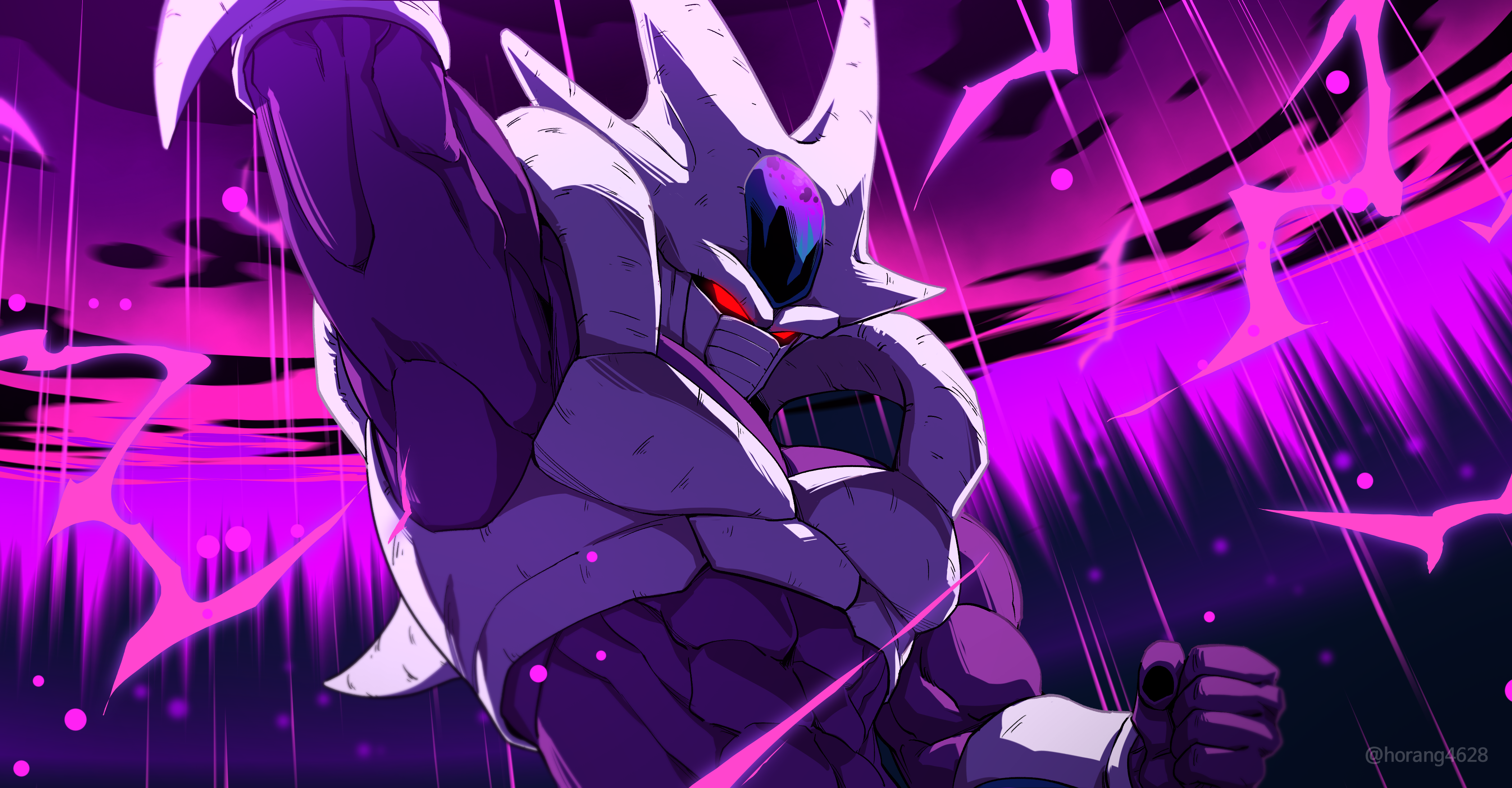 horang4628, cooler (dragon ball), dragon ball, dragonball z, absurdres, commentary, commission, english commentary, highres, 1boy, arm up, clenched hand, colored skin, cooler (fifth form) (dragon ball), death ball (technique), energy ball, forehead jewel, male focus, muscular, muscular male, purple background, purple skin, red eyes, solo, twitter username, upper body