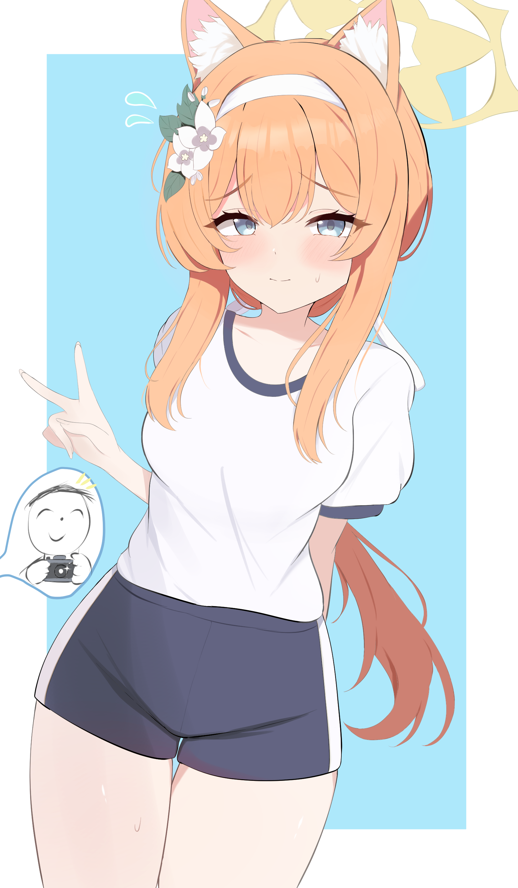 nuuuukoame, doodle sensei (blue archive), mari (blue archive), mari (track) (blue archive), sensei (blue archive), blue archive, absurdres, commentary, highres, 1girl, animal ear fluff, animal ears, arms behind back, black shorts, blue background, blue eyes, blush, border, cat ears, cat girl, closed mouth, cowboy shot, eyelashes, flower, flying sweatdrops, furrowed brow, gym shirt, gym shorts, gym uniform, hair between eyes, hair flower, hair ornament, hairband, halo, hand up, leaf hair ornament, long hair, looking at viewer, low ponytail, official alternate costume, orange hair, outside border, ponytail, shirt, short sleeves, shorts, shy, sidelocks, simple background, smile, solo, split mouth, spoken character, sweat, taking picture, thigh gap, v, very long hair, white border, white flower, white hairband, white shirt, yellow halo