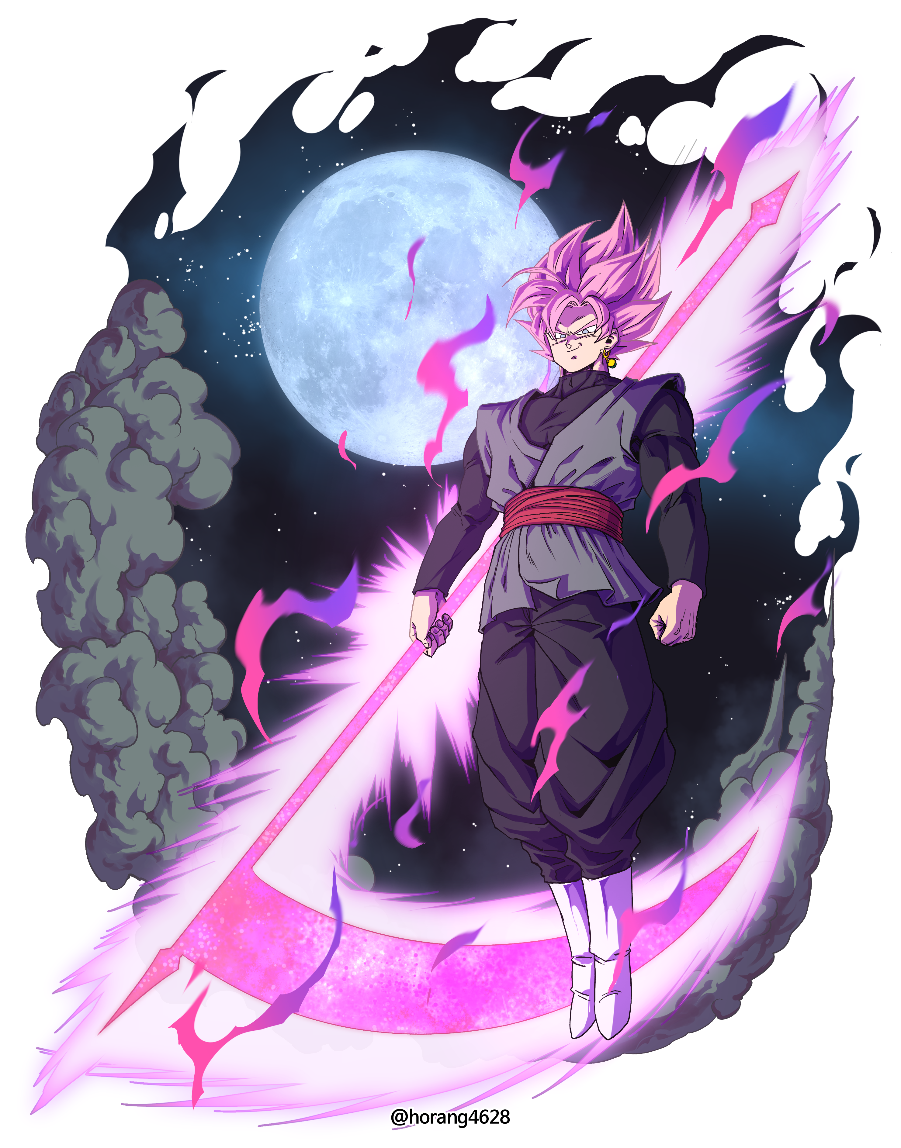 horang4628, goku black, dragon ball, dragon ball super, absurdres, commentary, highres, 1boy, aura, black pants, black shirt, boots, dougi, earrings, energy blade, full body, full moon, grey hair, grey tunic, holding, holding scythe, jewelry, male focus, medium hair, moon, muscular, muscular male, night, pants, pink hair, potara earrings, red sash, sash, scythe, shirt, solo, spiked hair, super saiyan, super saiyan rose, tunic, white boots