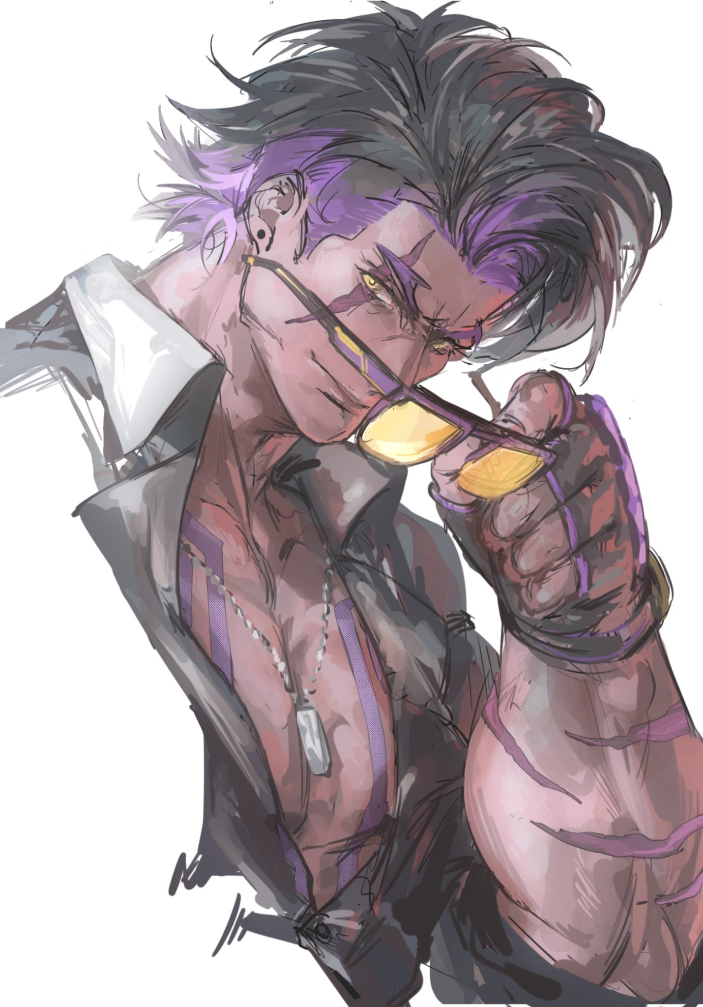 baiyeju8, luke sullivan, street fighter, street fighter 6, highres, 1boy, arm up, black gloves, chest tattoo, closed mouth, collared shirt, cropped torso, dog tags, earrings, fingerless gloves, forked eyebrows, gloves, holding, holding removed eyewear, jewelry, looking to the side, male focus, multiple scars, official alternate color, official alternate eye color, official alternate hair color, open clothes, open shirt, pectorals, piercing, purple hair, scar, scar across eye, scar on arm, scar on face, shirt, short hair, sideways glance, simple background, smile, solo, stud earrings, tattoo, tinted eyewear, unworn eyewear, white background, yellow-tinted eyewear