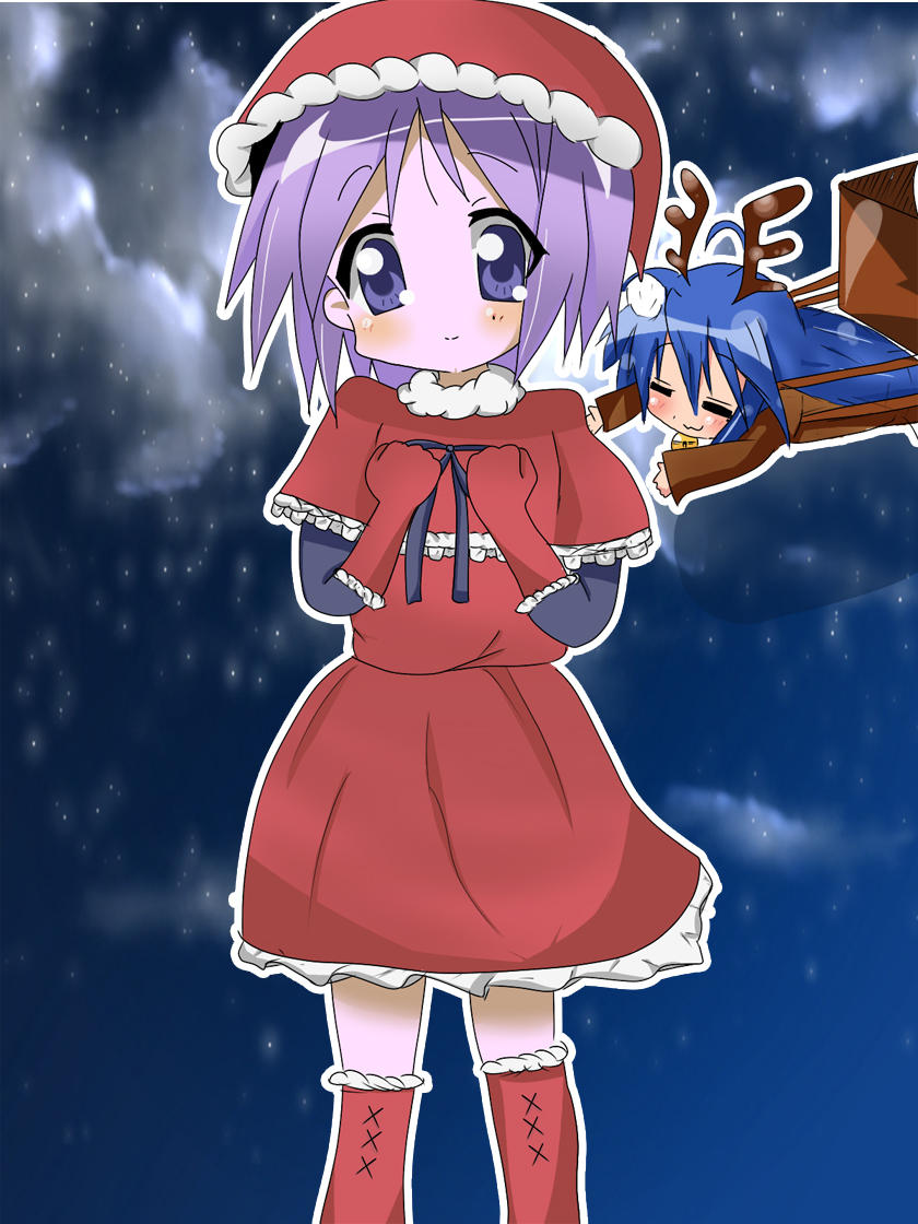 rakisana, hiiragi tsukasa, izumi konata, lucky star, 00s, 2girls, animal costume, blue eyes, christmas, gloves, hat, multiple girls, purple hair, reindeer, santa costume, santa hat, short hair