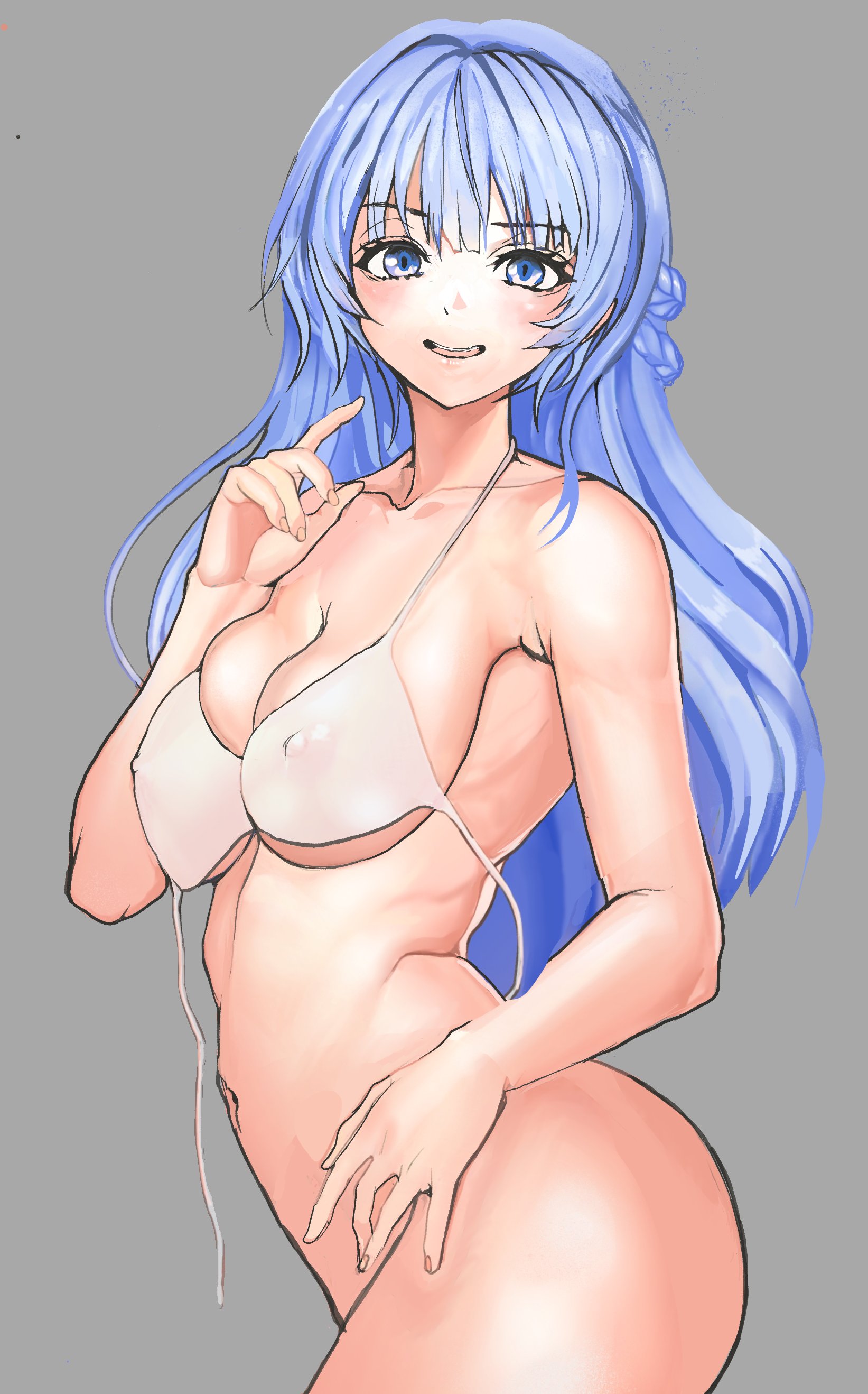 rokuba, absurdres, highres, tagme, 1girl, blue eyes, blue hair, bottomless, breasts, covered erect nipples, looking at viewer, medium breasts, simple background, smile