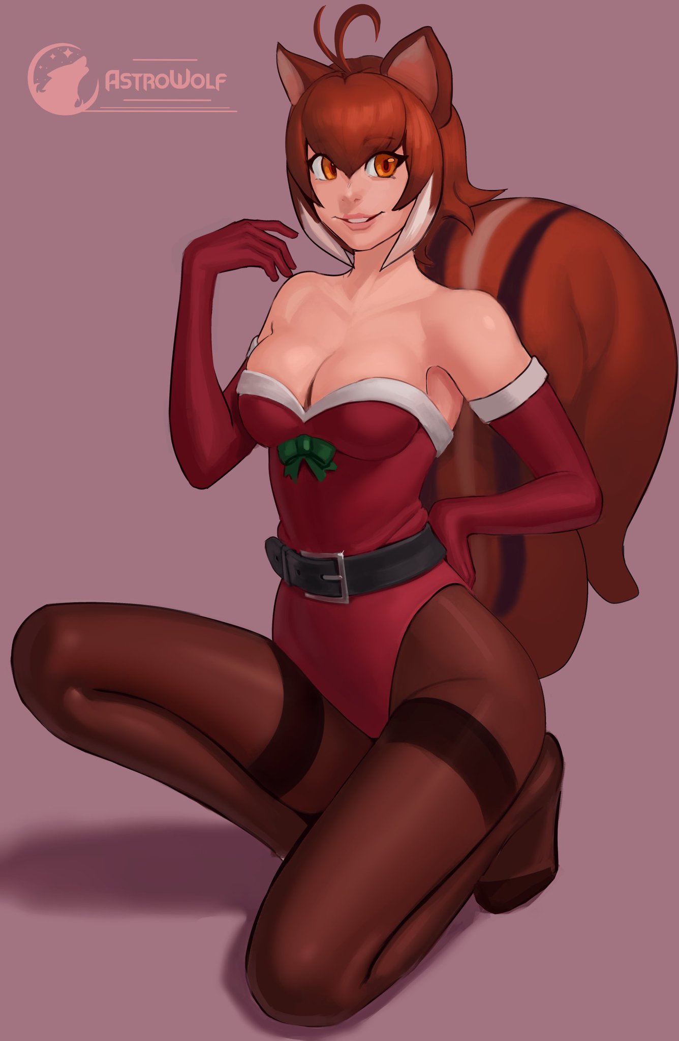 astrowolf, makoto nanaya, blazblue, highres, 1girl, animal ears, bare shoulders, belt, breasts, brown hair, christmas, cleavage, elbow gloves, gloves, large breasts, leotard, pantyhose, short hair, sleeveless, squirrel ears, squirrel girl, squirrel tail, tail, teeth, white hair