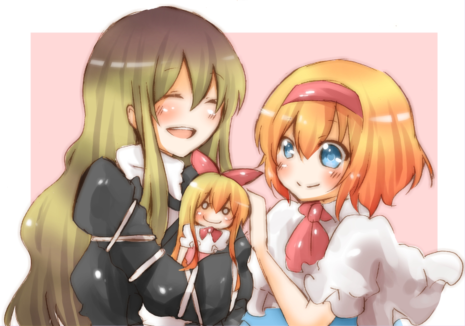 okannigeru, alice margatroid, hijiri byakuren, shanghai doll, touhou, bad id, bad pixiv id, highres, 2girls, blonde hair, blue eyes, blush, doll, dress, female focus, gradient hair, hairband, long hair, multicolored hair, multiple girls, ribbon, short hair, smile