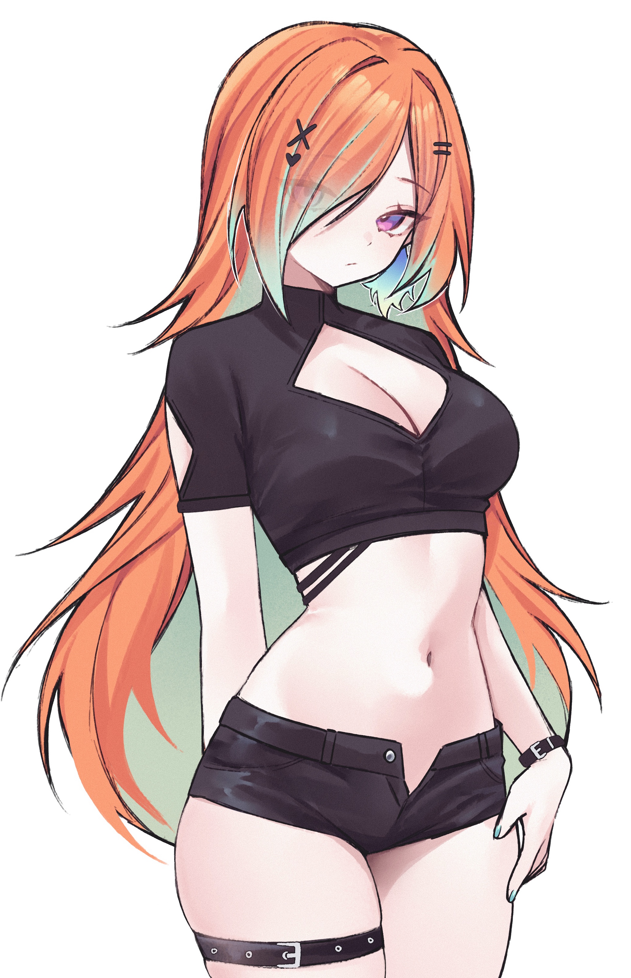 miclipse, takanashi kiara, hololive, hololive english, absurdres, commentary, english commentary, highres, revision, 1girl, alternate costume, arm cutout, belt, black shorts, breasts, cleavage cutout, clothing cutout, colored inner hair, crop top, cross hair ornament, earrings, eyes visible through hair, feather earrings, feathers, gradient hair, green hair, hair ornament, hair over one eye, hairclip, half-closed eyes, hand on own thigh, heart, heart hair ornament, jewelry, large breasts, long hair, looking at viewer, midriff, multicolored hair, navel, open fly, orange hair, purple eyes, short shorts, shorts, solo, thigh belt, thigh strap, thighs, two-tone hair, very long hair, virtual youtuber, white background, wrist belt