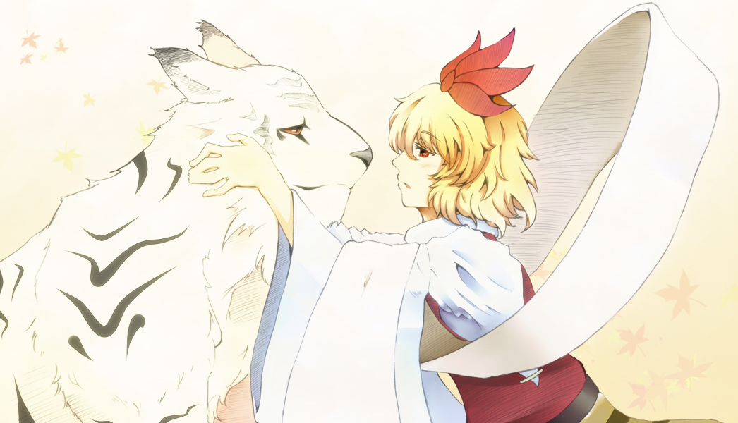 k.shiraishi, shiraishi nsuke, toramaru shou, touhou, undefined fantastic object, bad id, bad pixiv id, 1girl, autumn, blonde hair, face-to-face, female focus, hair ornament, headdress, red eyes, shawl, short hair, solo, staring, tiger, white tiger