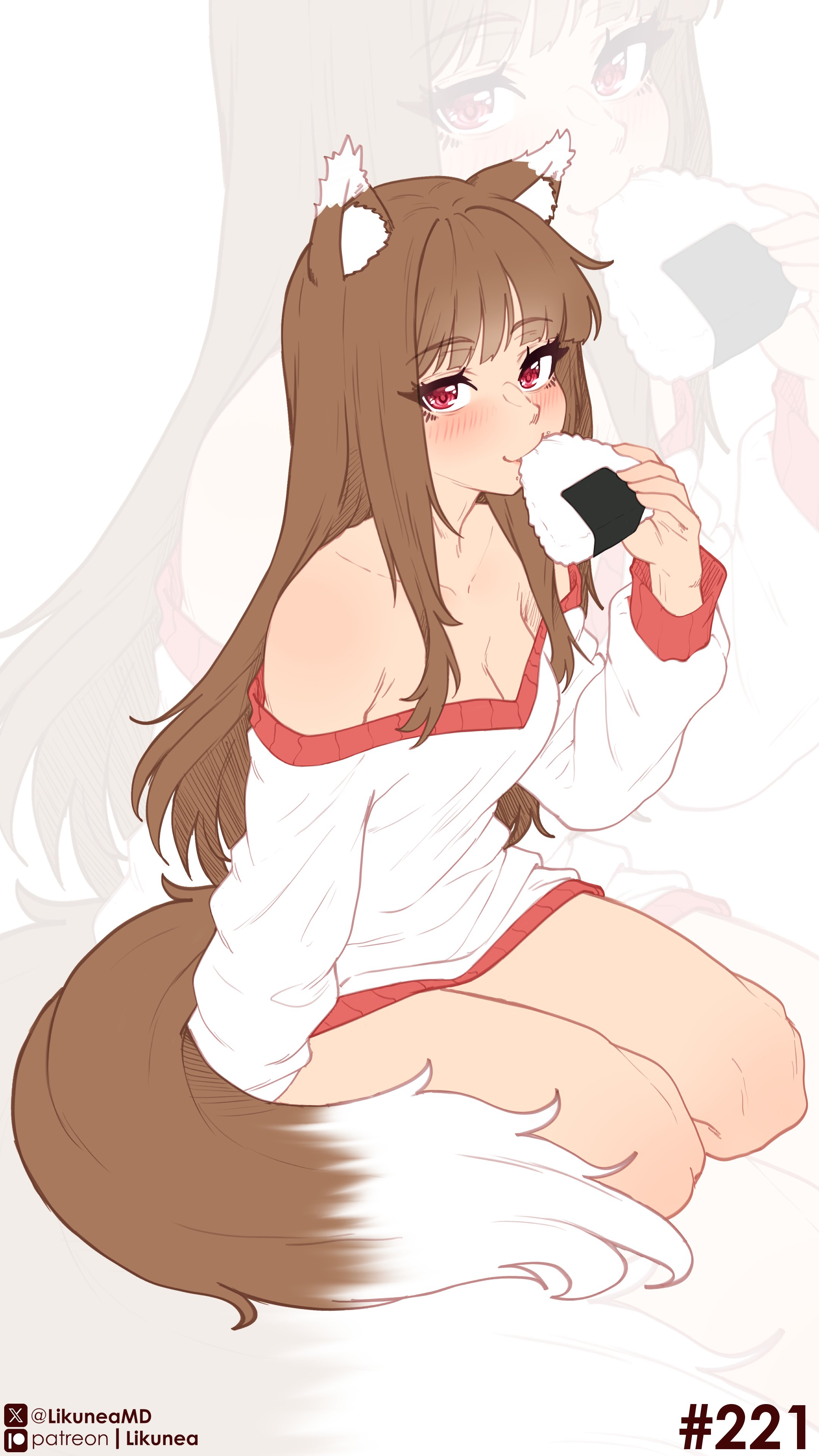 likunea, holo, spice and wolf, absurdres, commentary, english commentary, highres, 1girl, animal ear fluff, animal ears, bare shoulders, blunt bangs, blush, breasts, brown hair, cleavage, eating, food, holding, holding food, long hair, looking at viewer, off-shoulder sweater, off shoulder, onigiri, patreon logo, patreon username, red eyes, sidelocks, simple background, small breasts, solo, solo focus, sweater, tail, twitter username, twitter x logo, white sweater, wolf ears, wolf girl, wolf tail, zoom layer