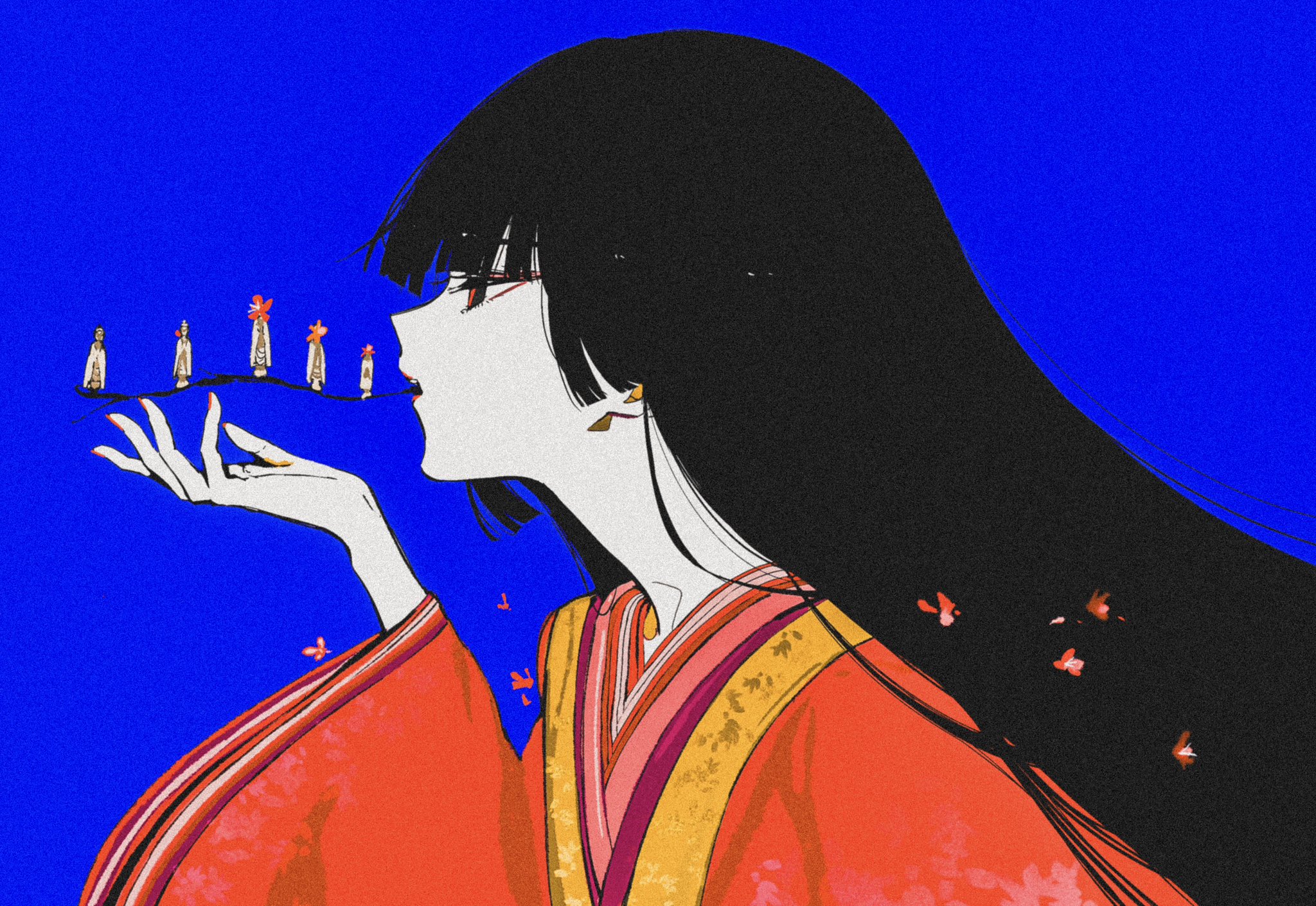 mitsubachi (roundbee), original, commentary, highres, symbol-only commentary, 1girl, black hair, blue background, from side, japanese clothes, kimono, layered kimono, long hair, open mouth, profile, red kimono, simple background, solo, wide sleeves