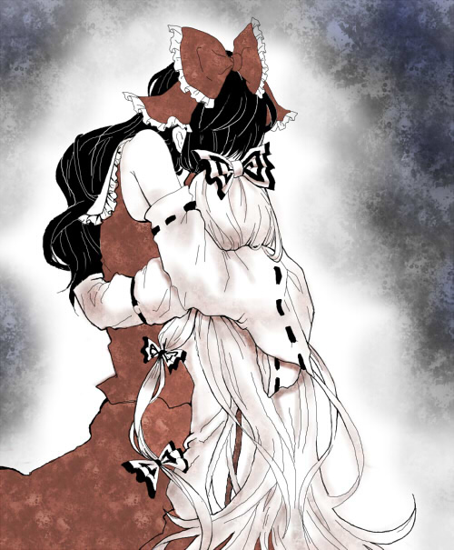 botan00, gaku (artist), fujiwara no mokou, hakurei reimu, touhou, 2girls, black hair, bow, comforting, detached sleeves, facing another, female focus, frilled bow, frilled ribbon, frills, hair bow, hair ornament, hair ribbon, hidden eyes, hidden face, hug, japanese clothes, long hair, long skirt, long sleeves, miko, multiple girls, pants, red bow, red ribbon, red shirt, red skirt, ribbon, shirt, sitting, skirt, suspenders, very long hair, white hair, white shirt, wide sleeves