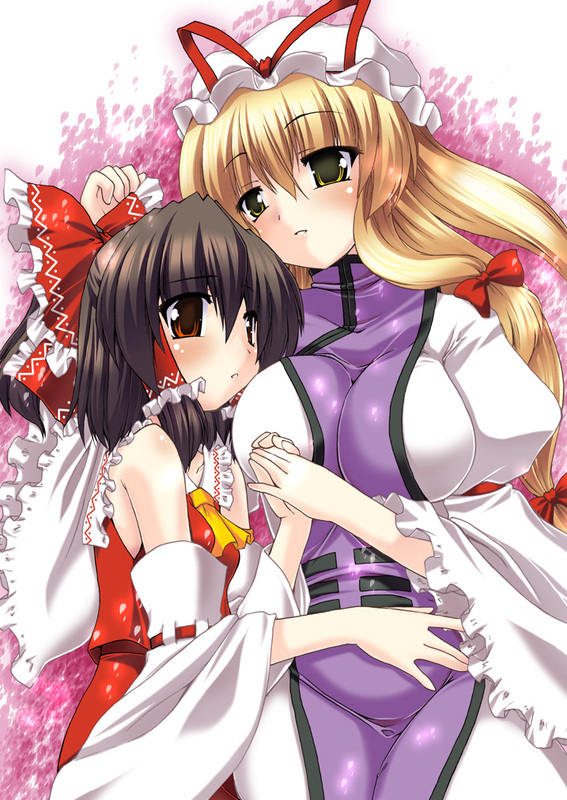 gomzaburo (yuugen jikkou), hakurei reimu, yakumo yukari, touhou, 2girls, breasts, female focus, half updo, hat, large breasts, multiple girls, ribbon, yuri