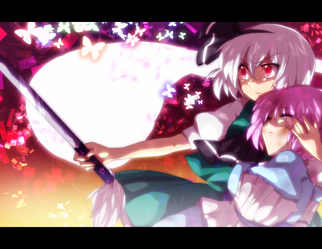 mk, chou, konpaku youmu, konpaku youmu (ghost), saigyouji yuyuko, touhou, bad id, bad pixiv id, 2girls, bug, butterfly, female focus, grey hair, hat, headband, insect, katana, letterboxed, multiple girls, pink hair, red eyes, sword, weapon