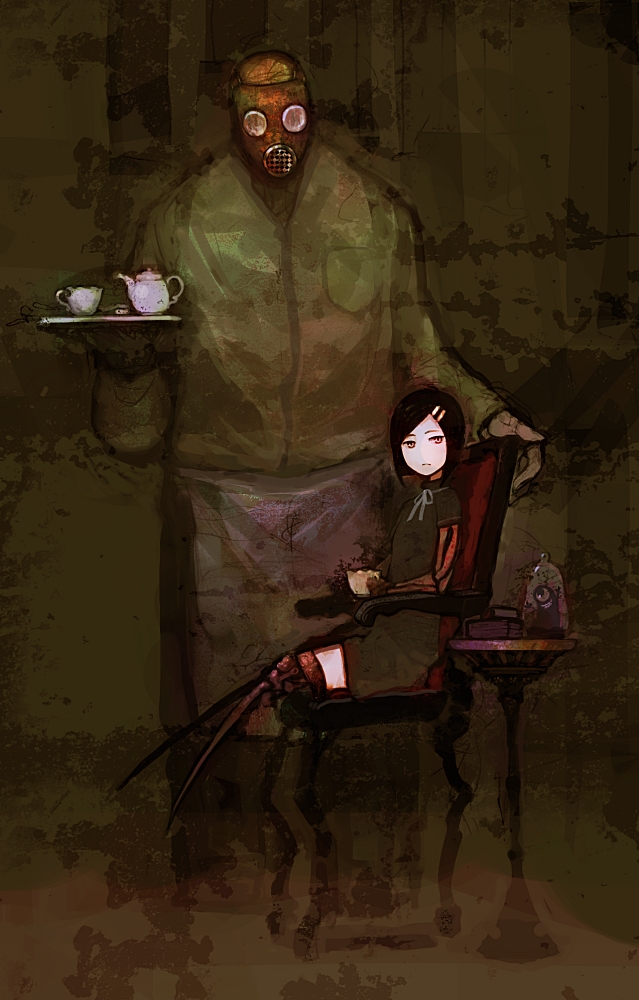 oguchi, original, 1boy, 1girl, amputee, cup, gas mask, mask, parted bangs, prosthesis, quadruple amputee, sitting, size difference, tea, teacup