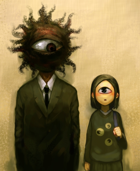 oguchi, backbeard, gegege no kitarou, original, 1boy, 1girl, cyclops, formal clothes, kono lolicon domome, monster girl, one-eyed, surreal