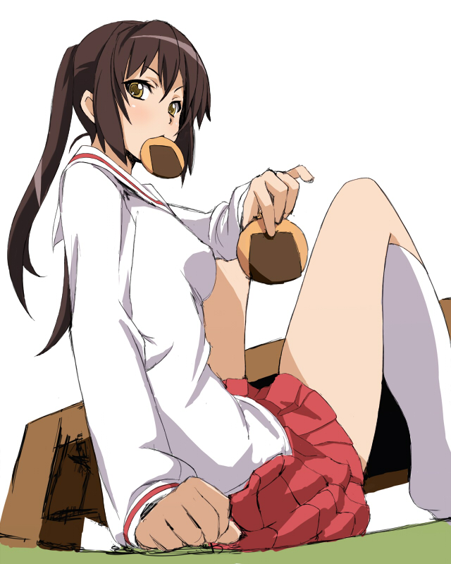 metadora, minami kana, minami-ke, 00s, 1girl, brown hair, cracker, eating, female focus, fisheye, food, foreshortening, looking at viewer, mouth hold, school uniform, senbei, serafuku, simple background, sitting, sketch, solo, twintails, yellow eyes