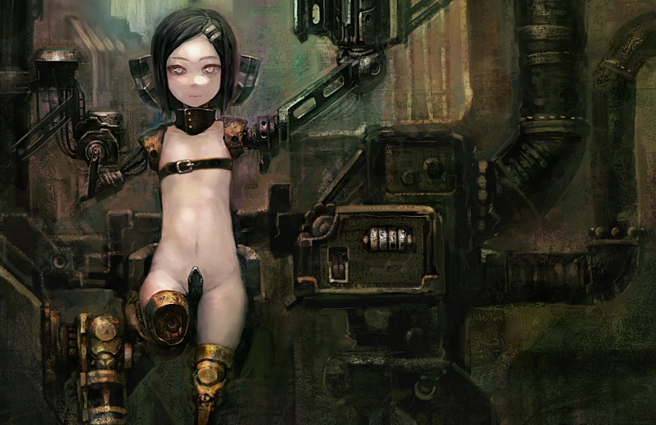 oguchi, original, 1girl, amputee, belt, black hair, brooch, cyberpunk, cyborg, female focus, flat chest, hair ornament, hairclip, jewelry, loli, looking at viewer, navel, parted bangs, prosthesis, quadruple amputee, short hair, solo, white eyes