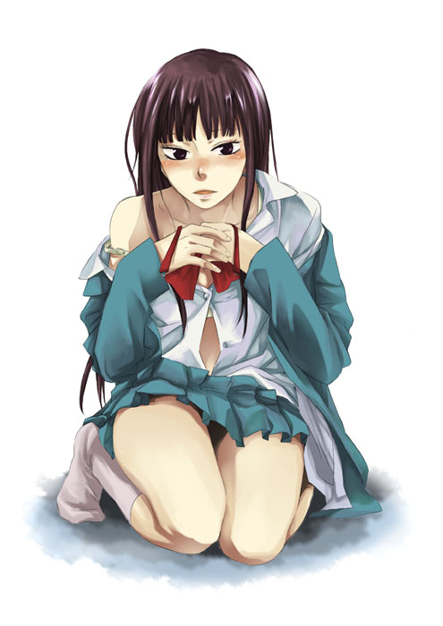 painapo, kuronuma sawako, kimi ni todoke, bad id, bad pixiv id, 00s, 1girl, black eyes, black hair, blazer, blush, bra, female focus, full body, jacket, kneehighs, kneeling, lingerie, long hair, off shoulder, school uniform, skirt, socks, solo, strap slip, underwear, undressing, white background