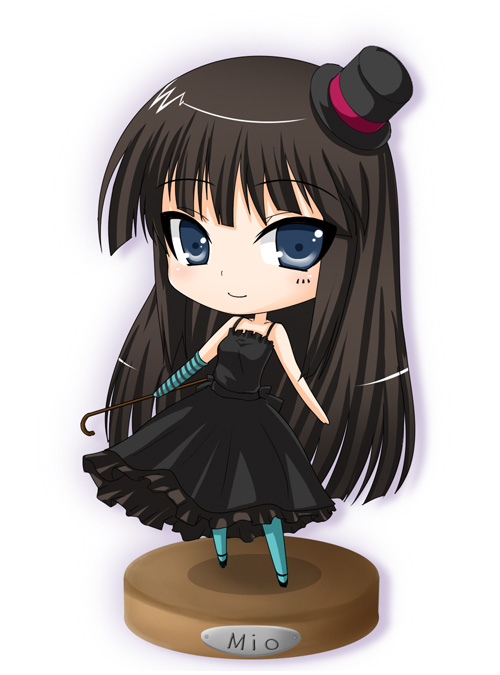 shima-shuu, akiyama mio, don't say "lazy", k-on!, bad id, bad pixiv id, 00s, 1girl, black hair, blue eyes, blue pantyhose, blunt bangs, cane, chibi, dress, elbow gloves, facepaint, female focus, gloves, green pantyhose, hat, hime cut, long hair, mini hat, mini top hat, pantyhose, single glove, solo, striped clothes, striped gloves, top hat