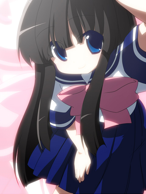 oka (bananashoe), bent over, black hair, blue eyes, blunt bangs, hime cut, long hair, school uniform, serafuku, solo