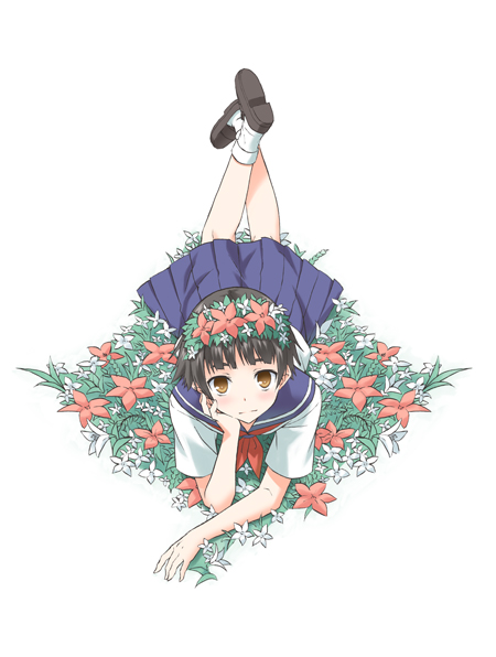 mikaze takashi, uiharu kazari, toaru kagaku no railgun, toaru majutsu no index, 00s, 1girl, black hair, brown hair, female focus, flower, full body, hair flower, hair ornament, head wreath, lying, on stomach, school uniform, serafuku, shoes, short hair, skirt, socks, solo, white background