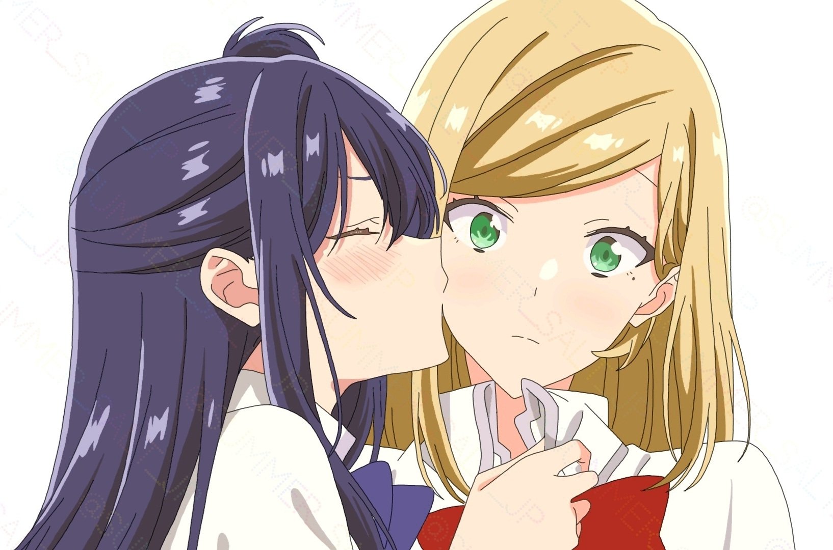 izumi shiho, mizuguchi aki, sasayaku you ni koi wo utau, commentary request, highres, 2girls, blonde hair, blush, closed eyes, closed mouth, clothes grab, grabbing another's shirt, green eyes, half updo, kiss, kissing cheek, long hair, long sidelocks, multiple girls, parted bangs, purple hair, shirt, sidelocks, simple background, summer salt jp, surprise kiss, surprised, watermark, watermark grid, white background, white shirt, yuri