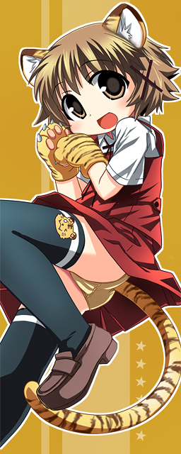 nagayama yuunon, yuno (hidamari sketch), hidamari sketch, 00s, 1girl, animal ears, animal hands, blush, brown eyes, brown hair, female focus, kemonomimi mode, panties, pantyshot, school uniform, shoes, short hair, skirt, smile, solo, tail, thighhighs, tiger ears, tiger tail, underwear, yamabuki high school uniform, yellow panties, zettai ryouiki