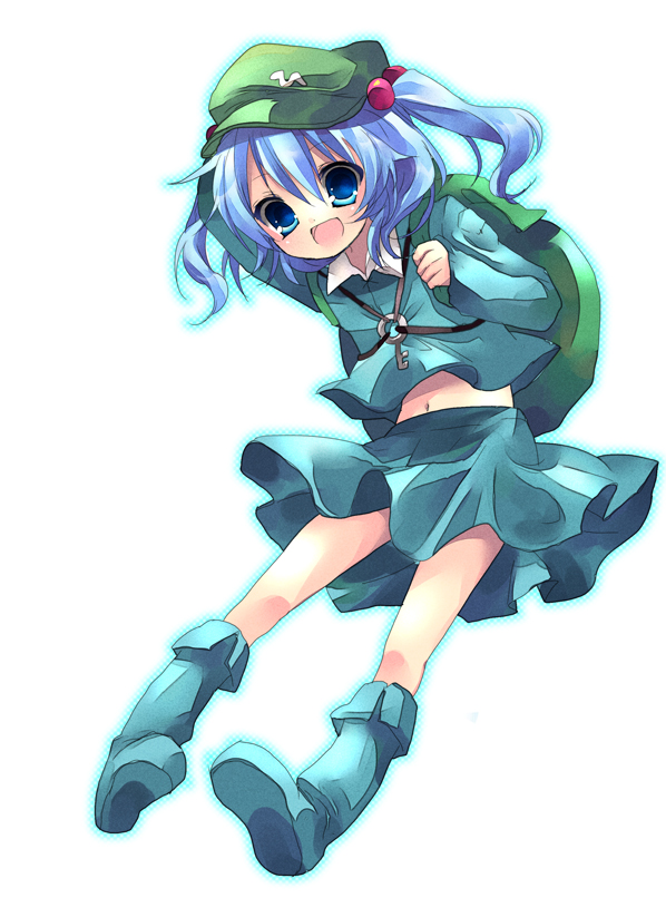 kosuzume, kawashiro nitori, touhou, bad id, bad pixiv id, 1girl, backpack, bag, blue eyes, blue hair, female focus, hair bobbles, hair ornament, hat, key, matching hair/eyes, midriff, navel, randoseru, short hair, solo, twintails, two side up