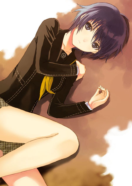 seiru (prairie), shirogane naoto, atlus, persona, persona 4, blue eyes, blue hair, lying, on side, school uniform, serafuku, short hair, skirt, solo