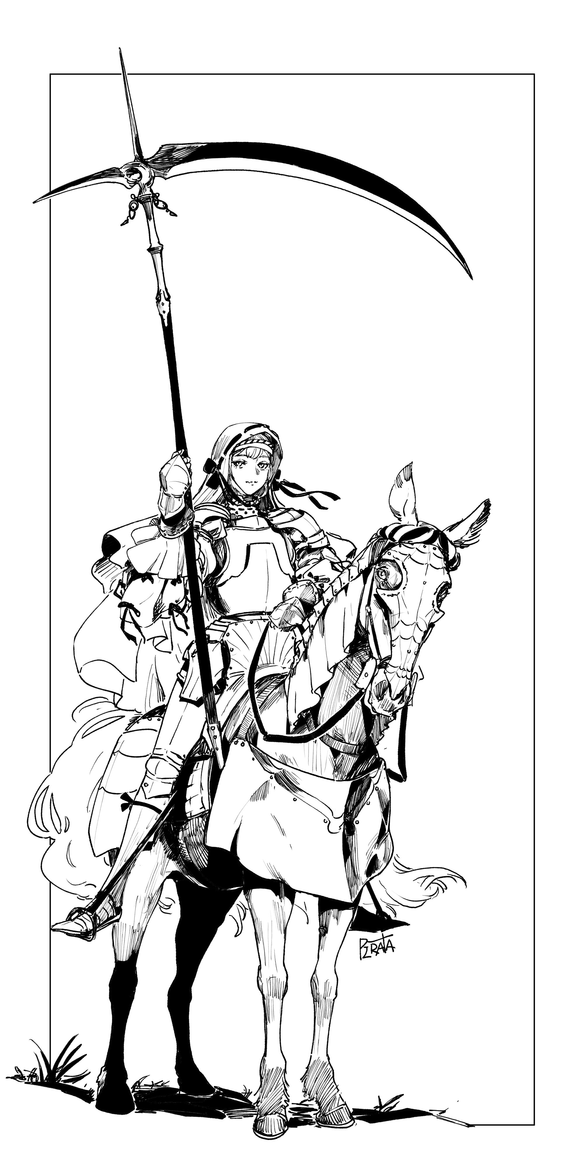 pirata (gailtonatiu), original, absurdres, commentary, english commentary, highres, 1girl, armor, barding, breastplate, cuirass, cuisses, faulds, full body, gauntlets, greaves, greyscale, holding, holding scythe, horse, horseback riding, knight, looking at viewer, monochrome, plate armor, poleyn, riding, sabaton, scythe, shoulder armor, signature, solo, stirrups (riding), veil