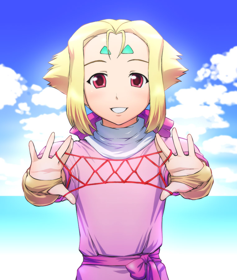 ueyama michirou, fiona (zoids), zoids, zoids chaotic century, 1girl, blonde hair, blush, bridal gauntlets, cat's cradle, cloud, day, facial mark, female focus, flat chest, forehead mark, hair ribbon, outdoors, red eyes, ribbon, sash, short hair, sky, smile, solo, standing, turtleneck, water