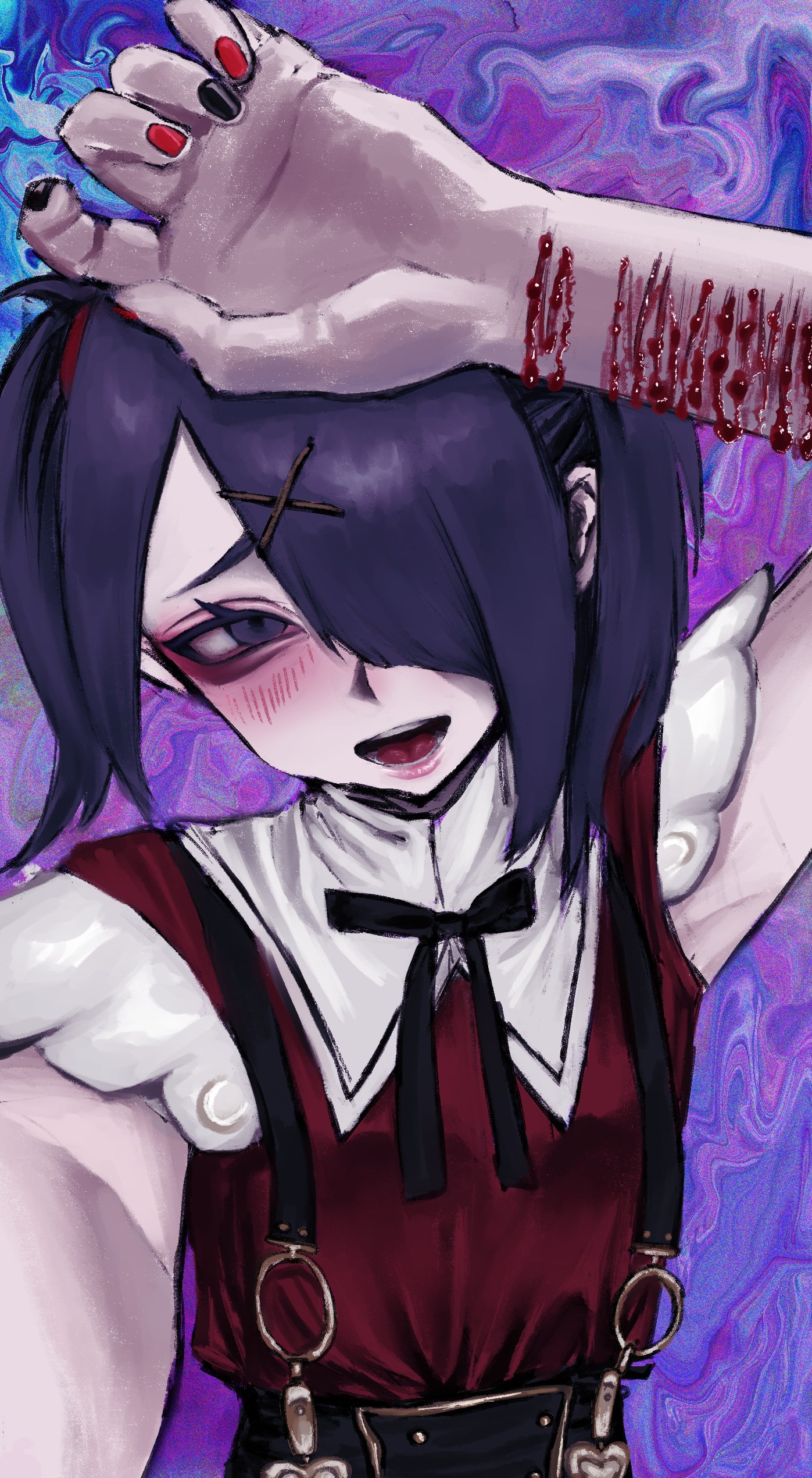 ame-chan (needy girl overdose), needy girl overdose, absurdres, hashtag-only commentary, highres, 1girl, aegyo sal, arms up, black eyes, black hair, blush, diagonal bangs, hair ornament, hair over one eye, hand on own head, hand up, looking at viewer, mqd0i, neck ribbon, open mouth, pov, red shirt, ribbon, self-harm, selfie, shirt, short twintails, solo, suspenders, twintails, winged sleeves, wrist cutting, x hair ornament